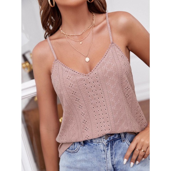 boho Eyelet Embroidery Contrast Guipure Lace Scallop Trim Cami tank Top white - Picture 9 of 11